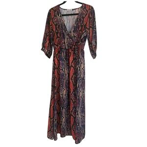 Talia Benson Red‎ Blue Snakeskin Print Wrap Maxi Dress Made in Italy Size M